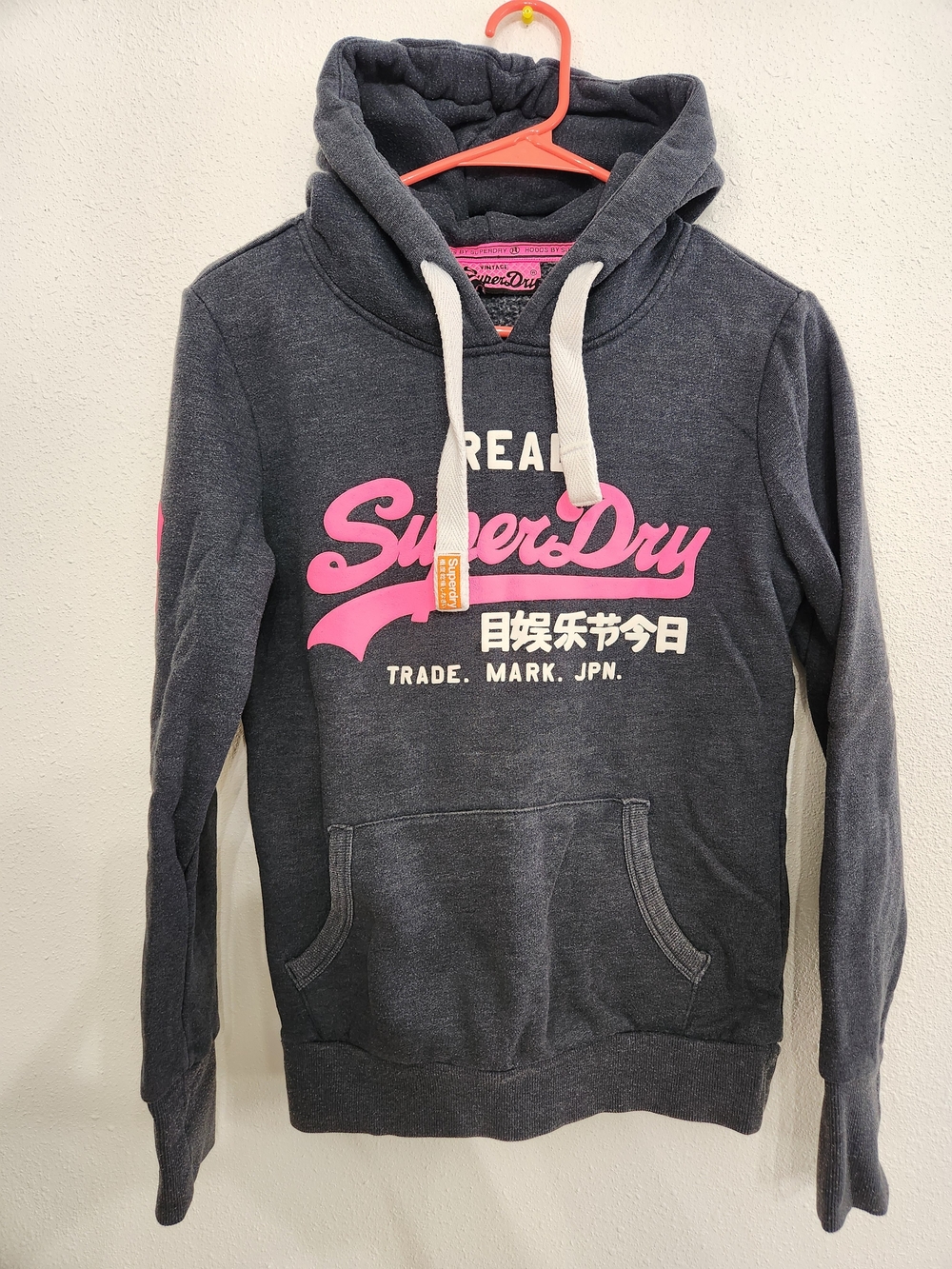Superdry Men's Dark Gray Hoodie with Pink Logo